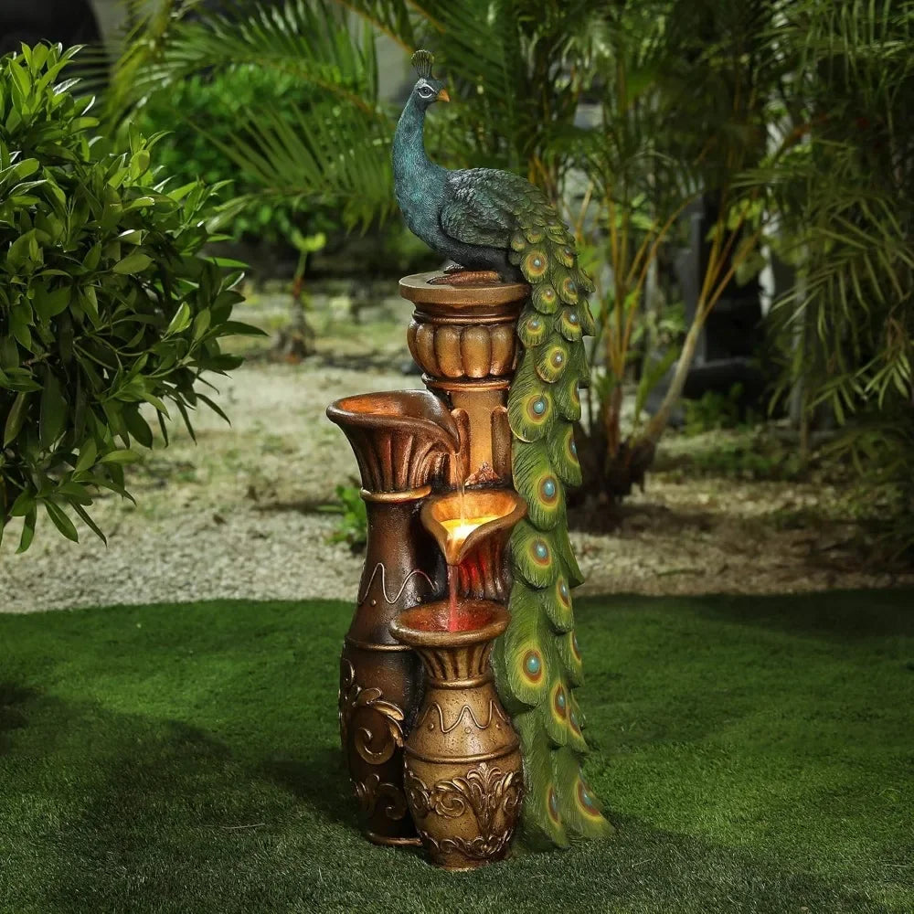 44&quot; Resin Pedestal Peacock and Urns Garden Water Fountain Outdoor with LED Light, Tall Fountains Outdoor for Garden Patio