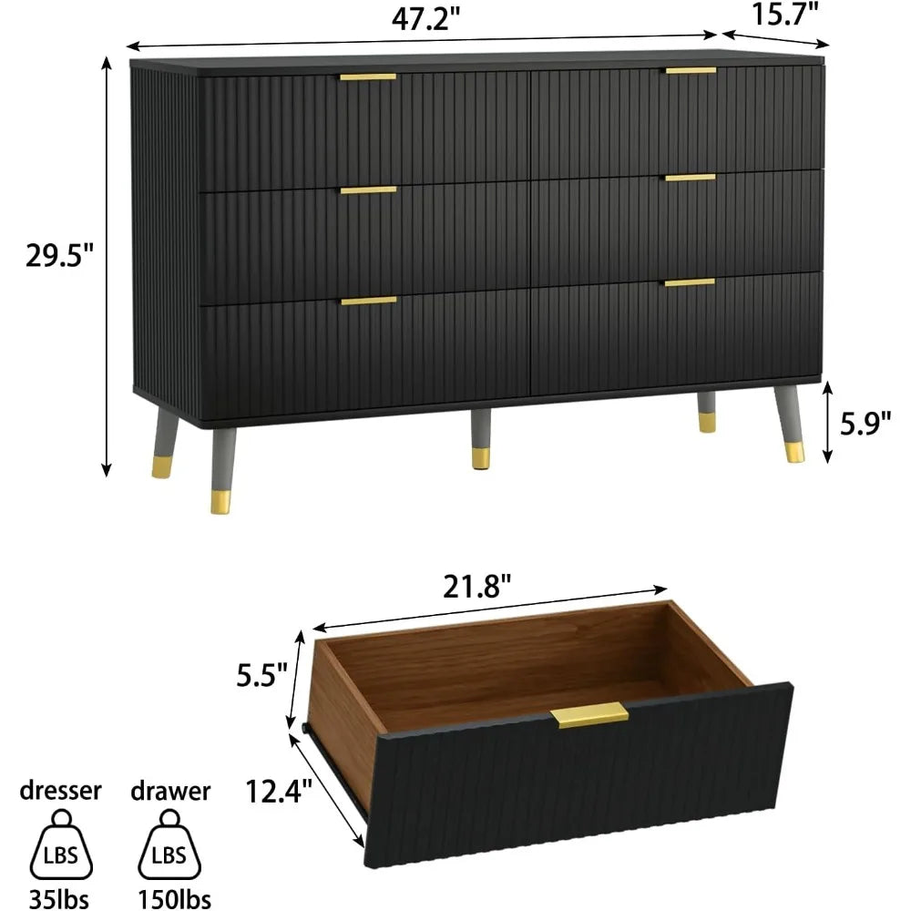 Black Dresser, Fluted 6 Drawer Dresser for Bedroom, Wooden Modern Chest of Drawers with Gold Metal Handles, Black