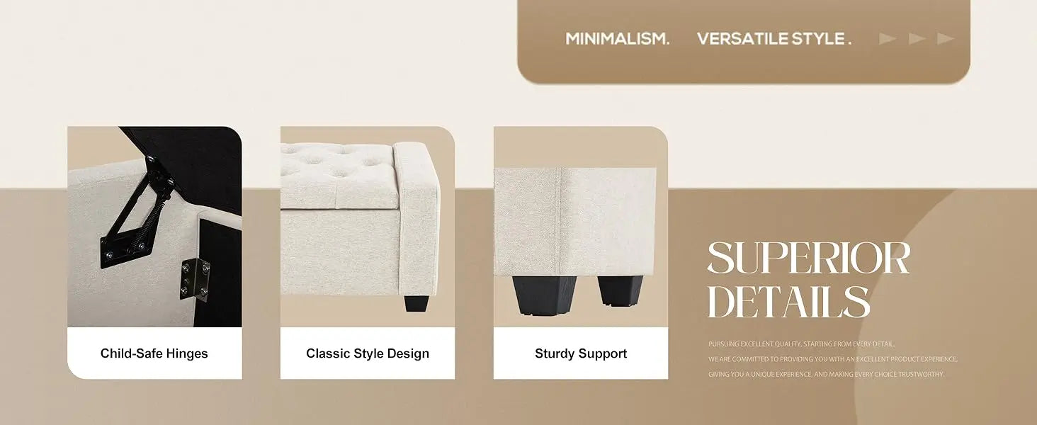 Ottoman with Storage, Storage Ottoman Bench with Safety Hinge, Upholstered Storage Bench with Seating for Bedroom, Living Room