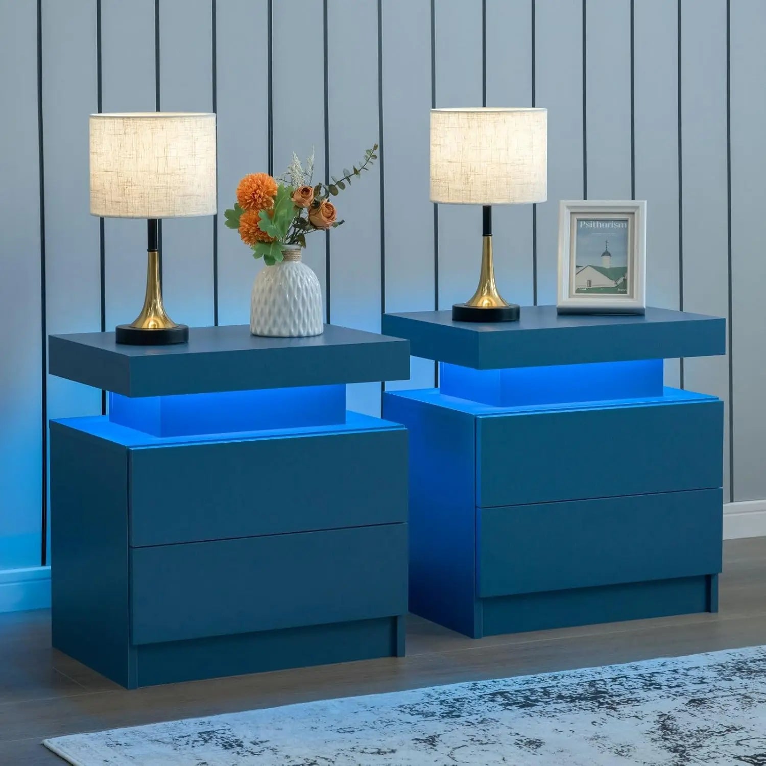 Nightstand Set of 2 LED Nightstand with 2 Drawers, Bedside Table with Drawers for Bedroom, Side Bed Table with LED Light,