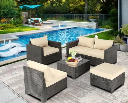 6 Pieces Pieces Patio Furniture Set Outdoor Sectional Wicker Patio Furniture Patio Couch with Ottoman for Lawn, Balcony, Garden,