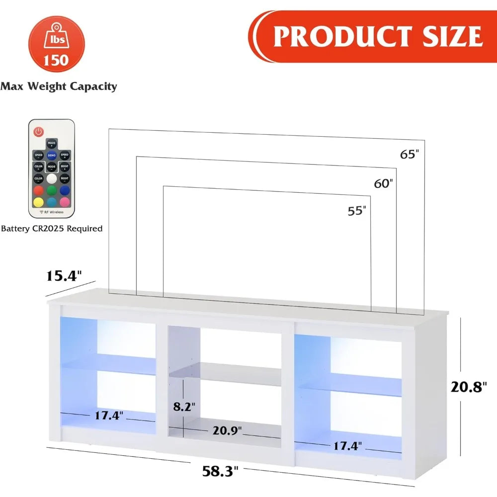 LED TV Stand for 65-Inch TV, 58-Inch Entertainment Center with Adjustable Glass Shelves, Modern Media Console