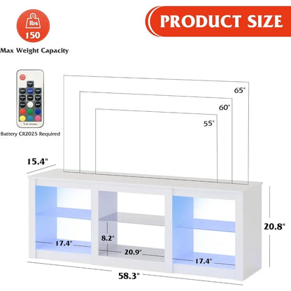 LED TV Stand for 65-Inch TV, 58-Inch Entertainment Center with Adjustable Glass Shelves, Modern Media Console