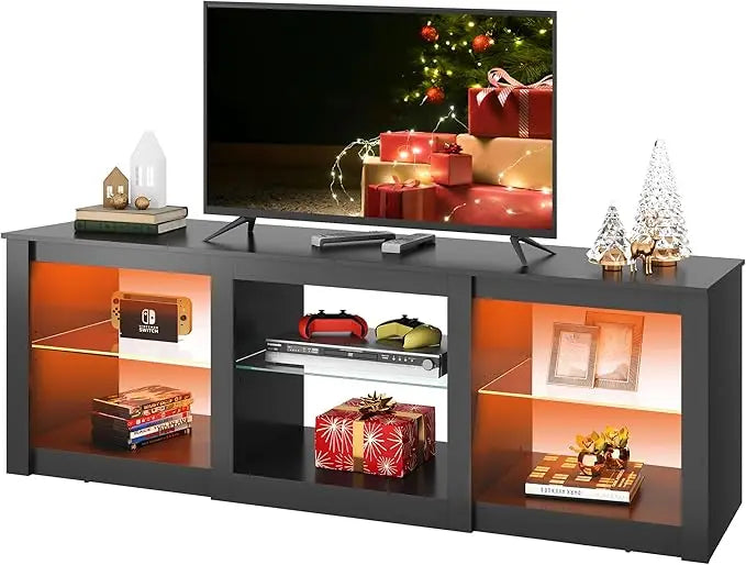 LED TV Stand for 65-Inch TV, 58-Inch Entertainment Center with Adjustable Glass Shelves, Modern Media Console