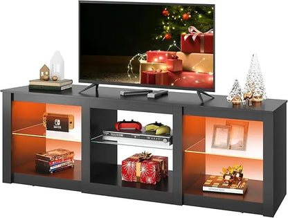 LED TV Stand for 65-Inch TV, 58-Inch Entertainment Center with Adjustable Glass Shelves, Modern Media Console