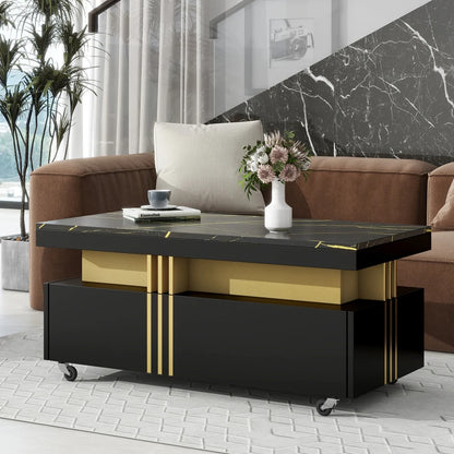 Contemporary Coffee Table with Faux Marble Top, Rectangle Cocktail Table with Caster Wheels, Moderate