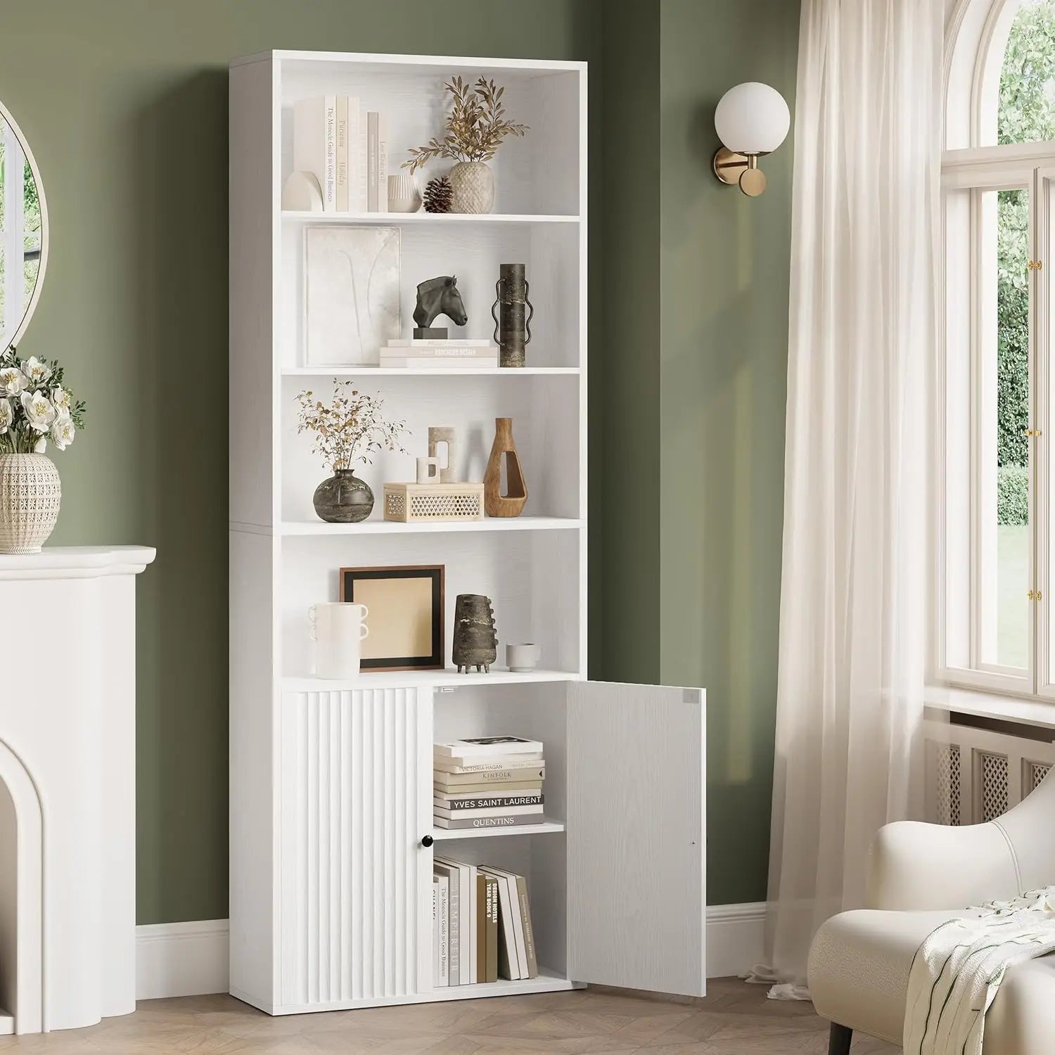 Bookcases and Bookshelves, Bookshelf with Doors and Storage, Industrial Tall Book Shelf for Living Room, Home Office