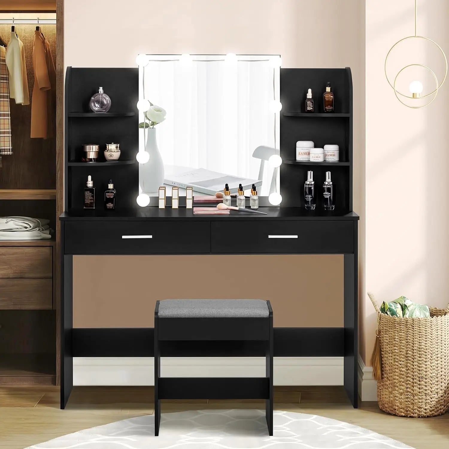 Makeup Vanity with Mirror &amp;10 LED Lights, Vanity Makeup Table Set with 2 Drawers