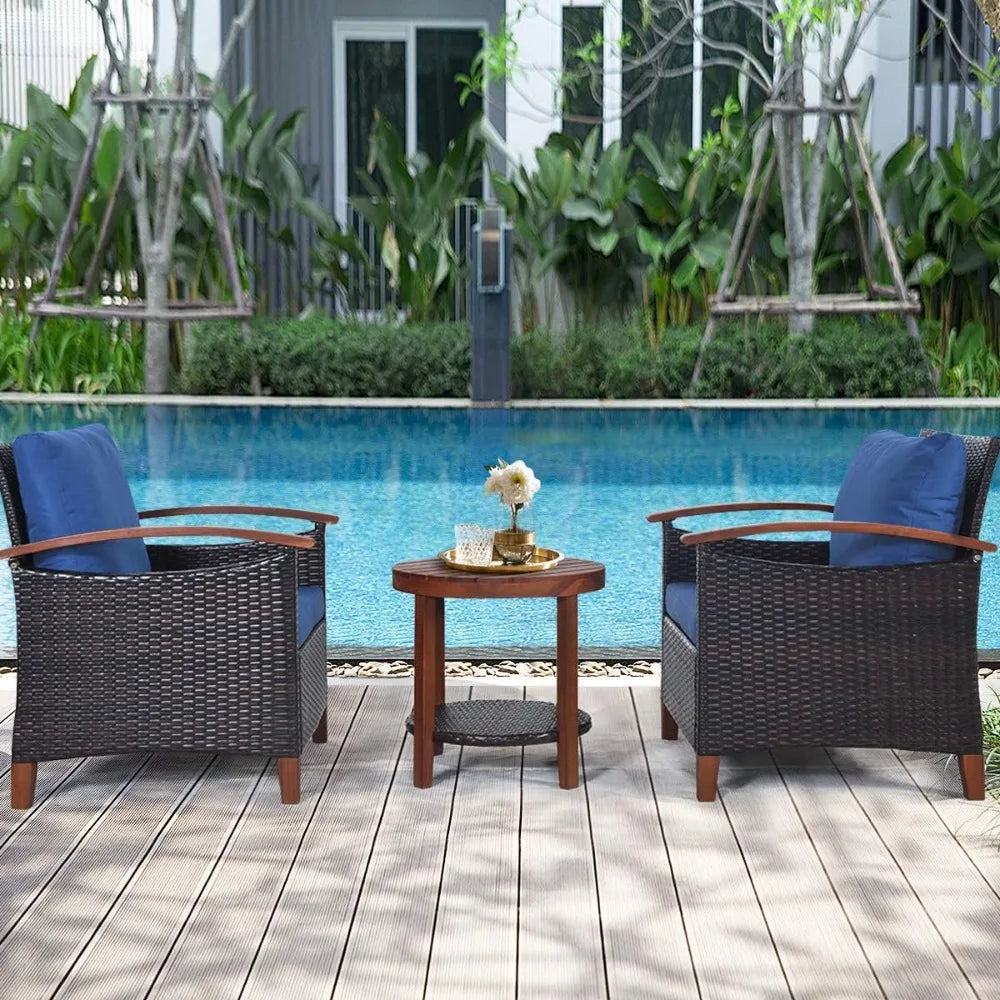 3 Pieces Rattan Furniture  Outdoor Patio Conversation Set Wicker Sofa Set with Cushion &amp; Acacia Wood Frame,Table &amp; Chairs