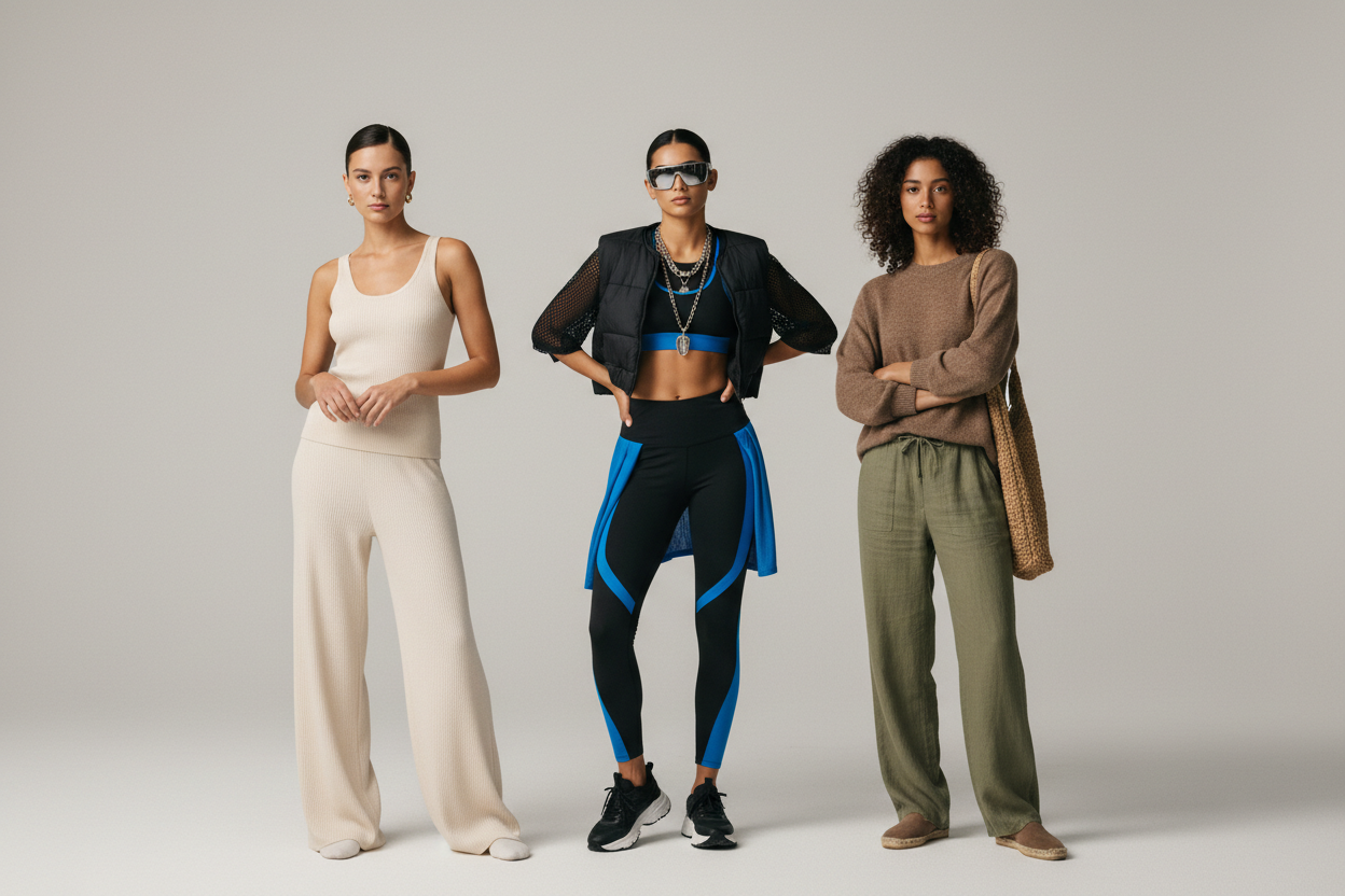 A group of 2-3 models, each with a distinct but complementary fashion sense, standing together. They are not interacting but each striking their own subtle, style-conscious pose. They are a "curated" set of looks, showing how the same category of clothing can express different personalities