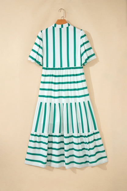 Sky Blue Stripe Ricrac Trim Notched Neck Half Sleeve Vacation Dress