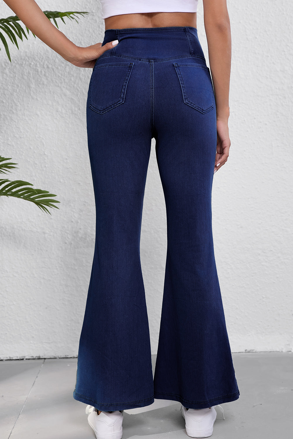 Twilight Blue Solid Crossed Waist High Elastic Fit Flare Jeans