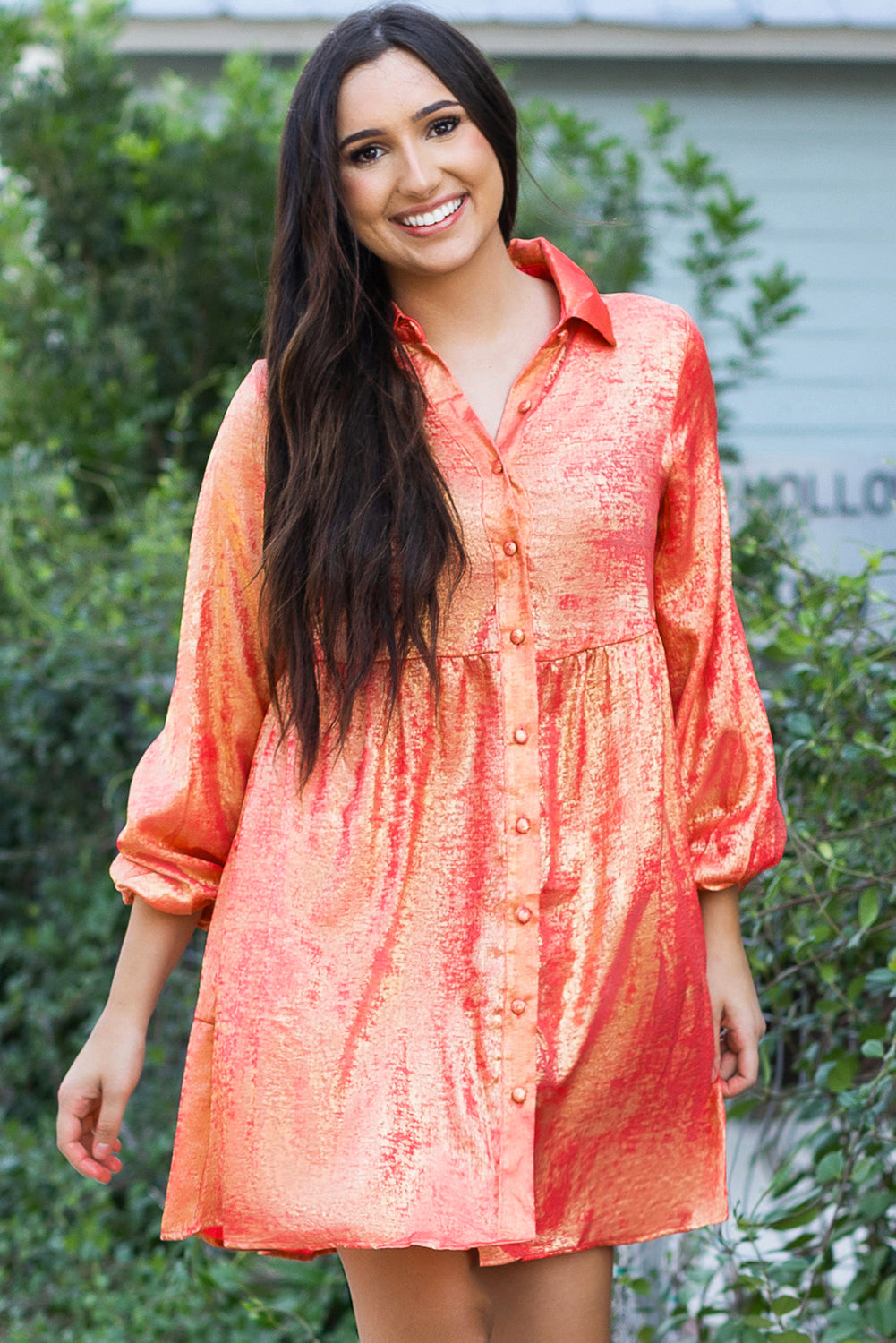 Metallic Sheen Puff Sleeve Button Up Mini Shirt Dress: Peach Blossom