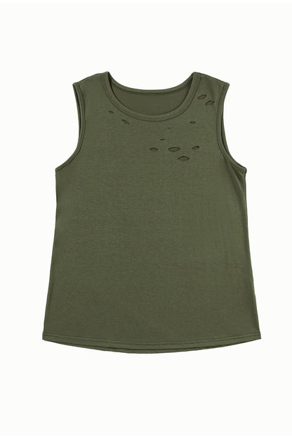 Distressed Jungle Green Crew Neck Sleeveless Tank Top