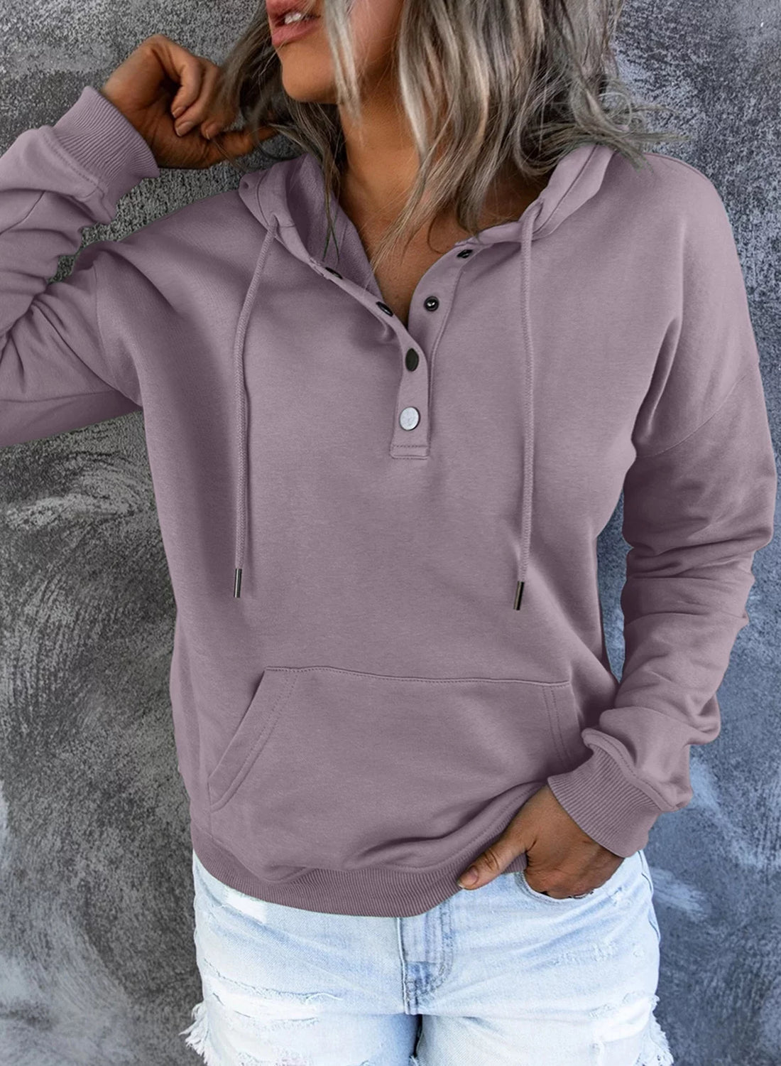 Hoodies for Women Sweatshirt Long Sleeve 1/4 Button Closure Drawstring Pullover Casual Hooded Tops