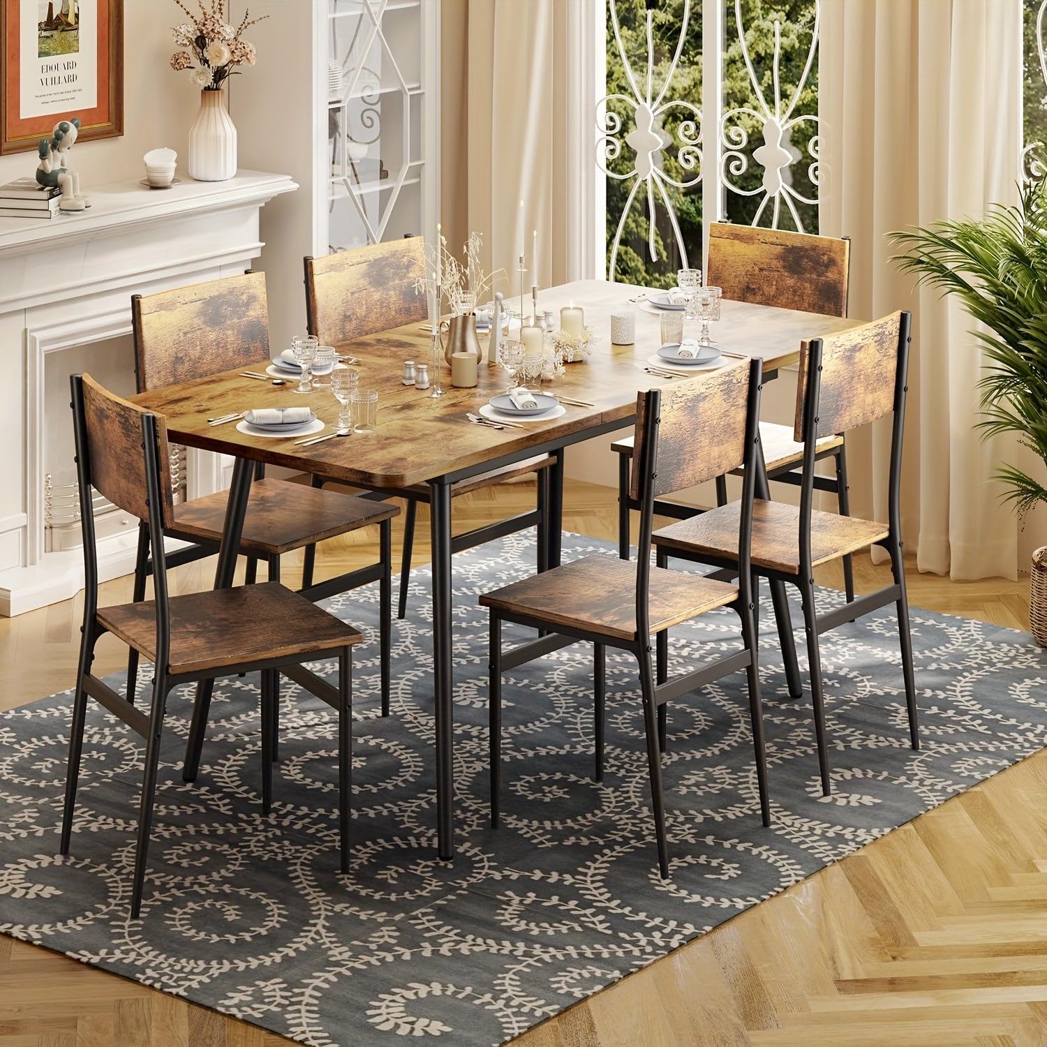 63&quot; Extendable Dining Table Set for 4-6 People, 7pcs Dining Table Set for 6 People with 6 Chairs, MDF Wood Board