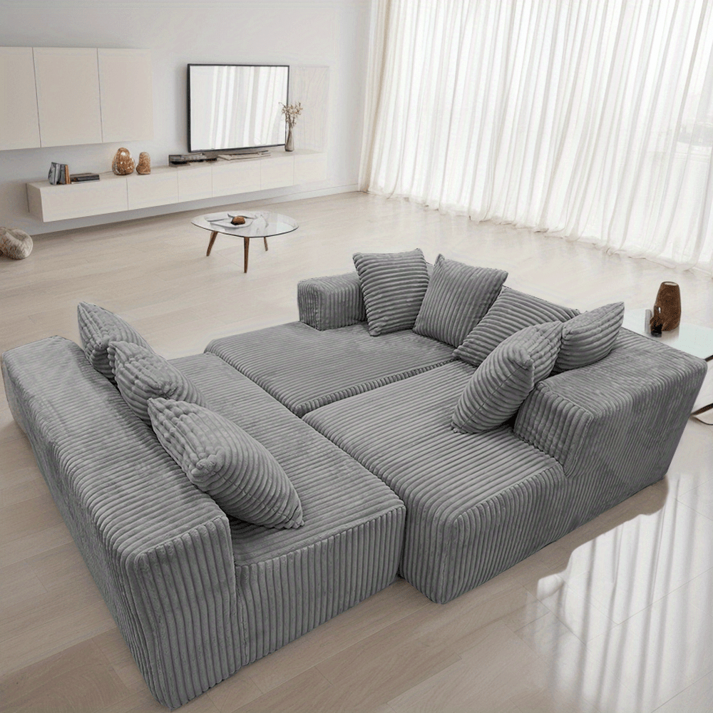 4-Seater Modular U-Shaped Sectional Sofa with Chaise Lounge | Striped Corduroy Upholstery, Grey | Free Configuration, Easy Assembly