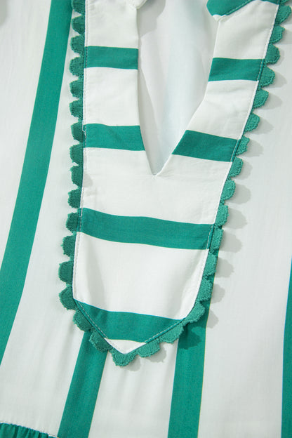 Sky Blue Stripe Ricrac Trim Notched Neck Half Sleeve Vacation Dress