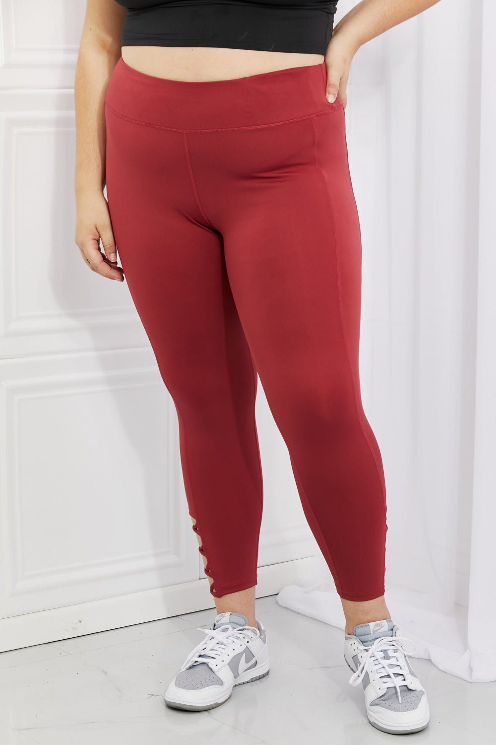 Yelete Prepared Brick Red Full-Size Ankle Cutout Active Leggings