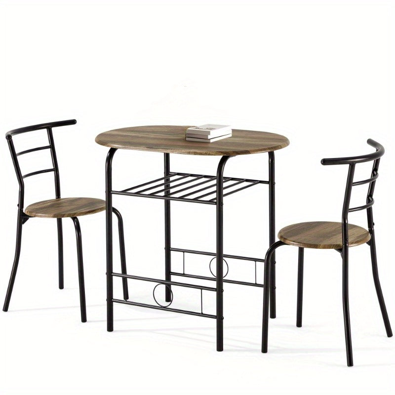 3pcs Dining Table Set for 2, Kitchen Table and Chair Set with Tabletop &amp; PVC Veneer, Compact Dining Table Set with Metal Frame and Built-in Rack, for Small space