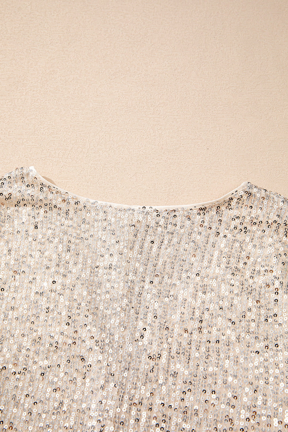 Beige Sequin Long Sleeve Wrap V Neck Bodysuit