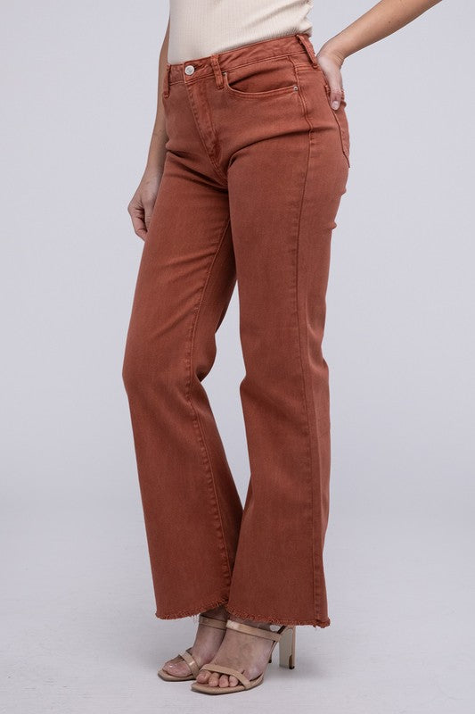 Acid -washed frayed cutoff hem straight wide pants.