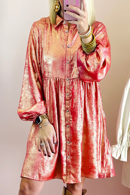 Metallic Sheen Puff Sleeve Button Up Mini Shirt Dress: Peach Blossom