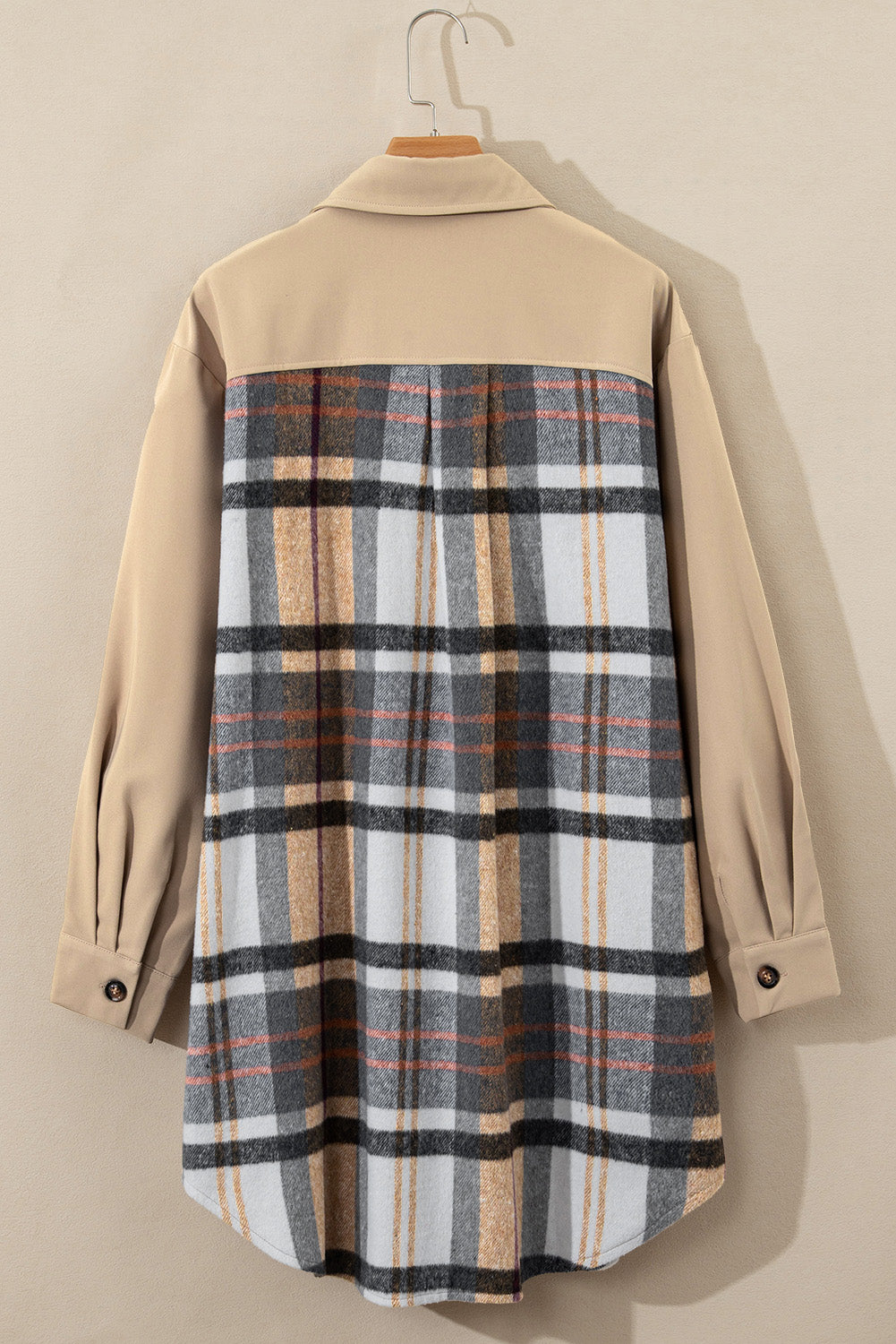 Mini Dress - Khaki Plaid Patchwork Long Sleeve