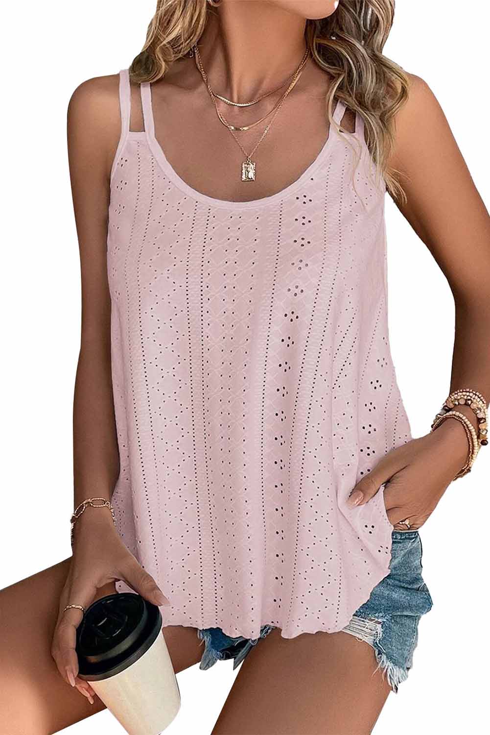 Edgy Black Strappy Scoop-Neck Tank Top with Eyelet Detailing