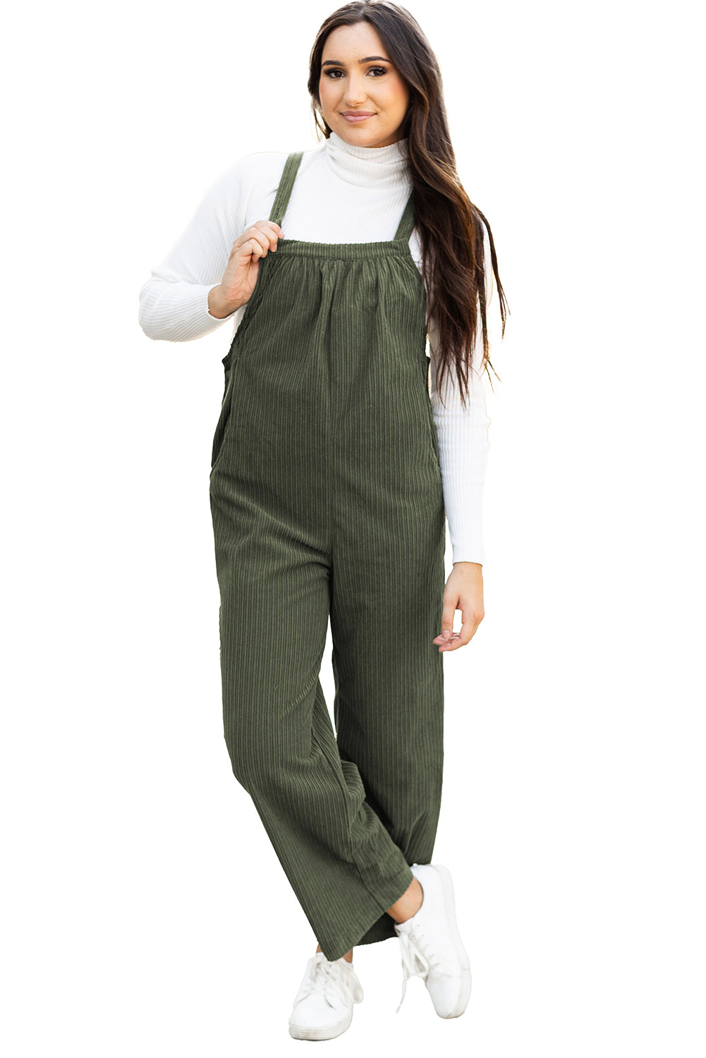 Black solid pocketed loose-fitting corduroy overall.