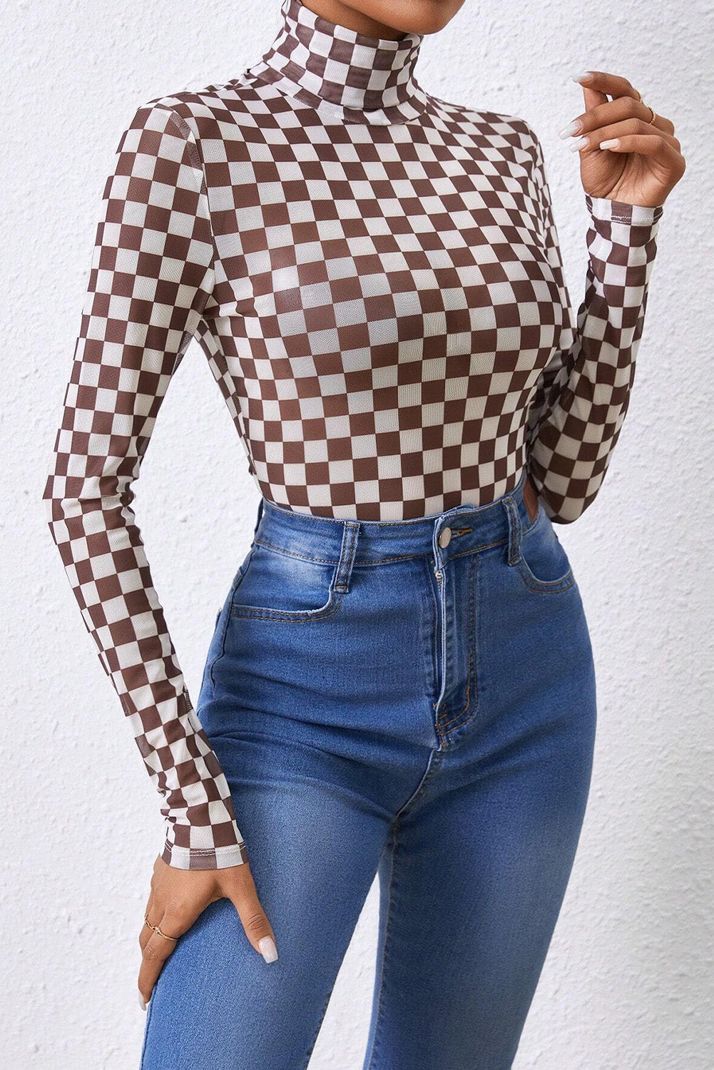 Black Checkered Printed Long Sleeve High Neck Bodysuit