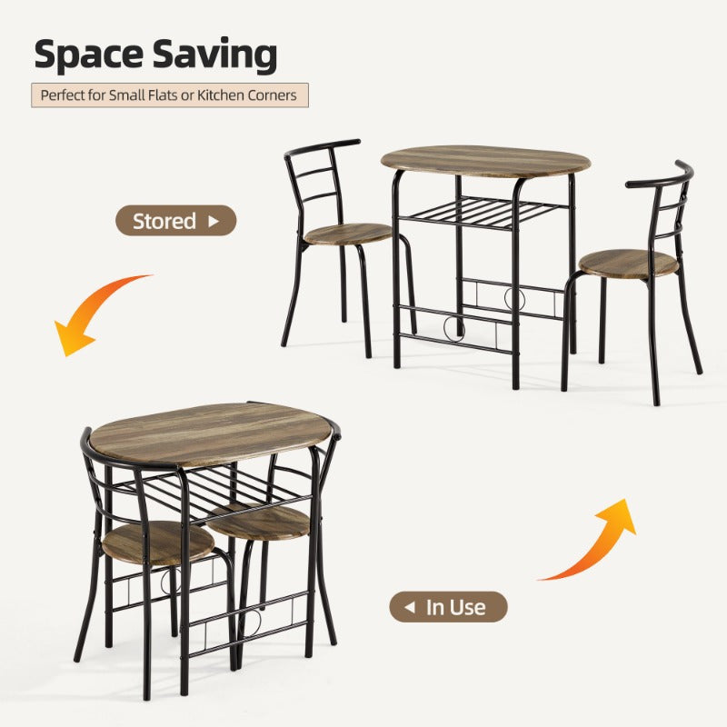 3pcs Dining Table Set for 2, Kitchen Table and Chair Set with Tabletop &amp; PVC Veneer, Compact Dining Table Set with Metal Frame and Built-in Rack, for Small space
