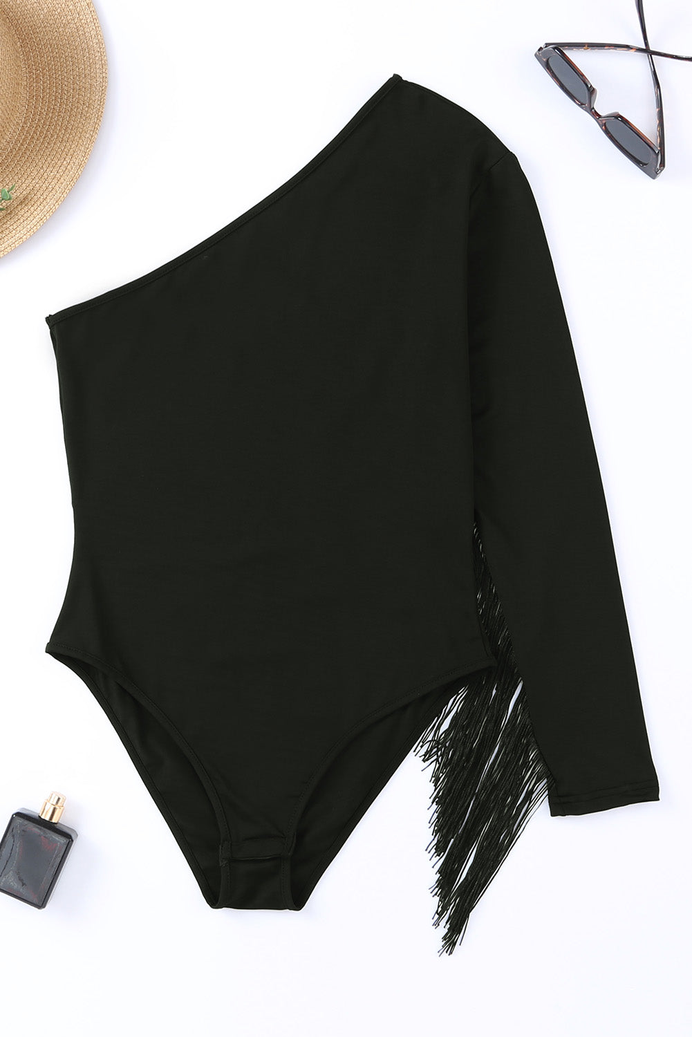 Black One Shoulder Fringed Long Sleeve Bodysuit