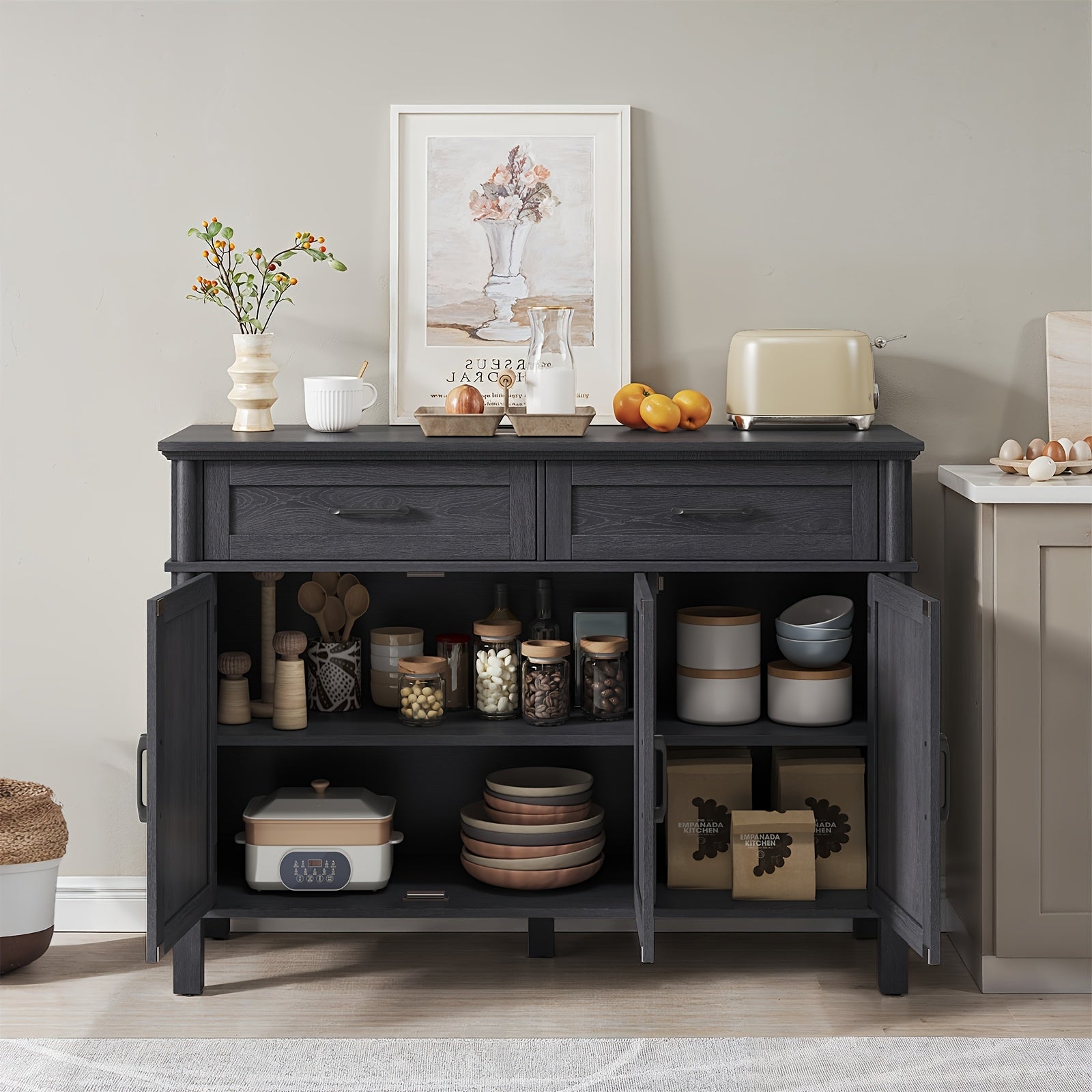 48&quot; Black Farmhouse Sideboard with Storage - Wooden Coffee Bar Cabinet Featuring 2 Drawers, 3 Doors &amp; Adjustable Shelves
