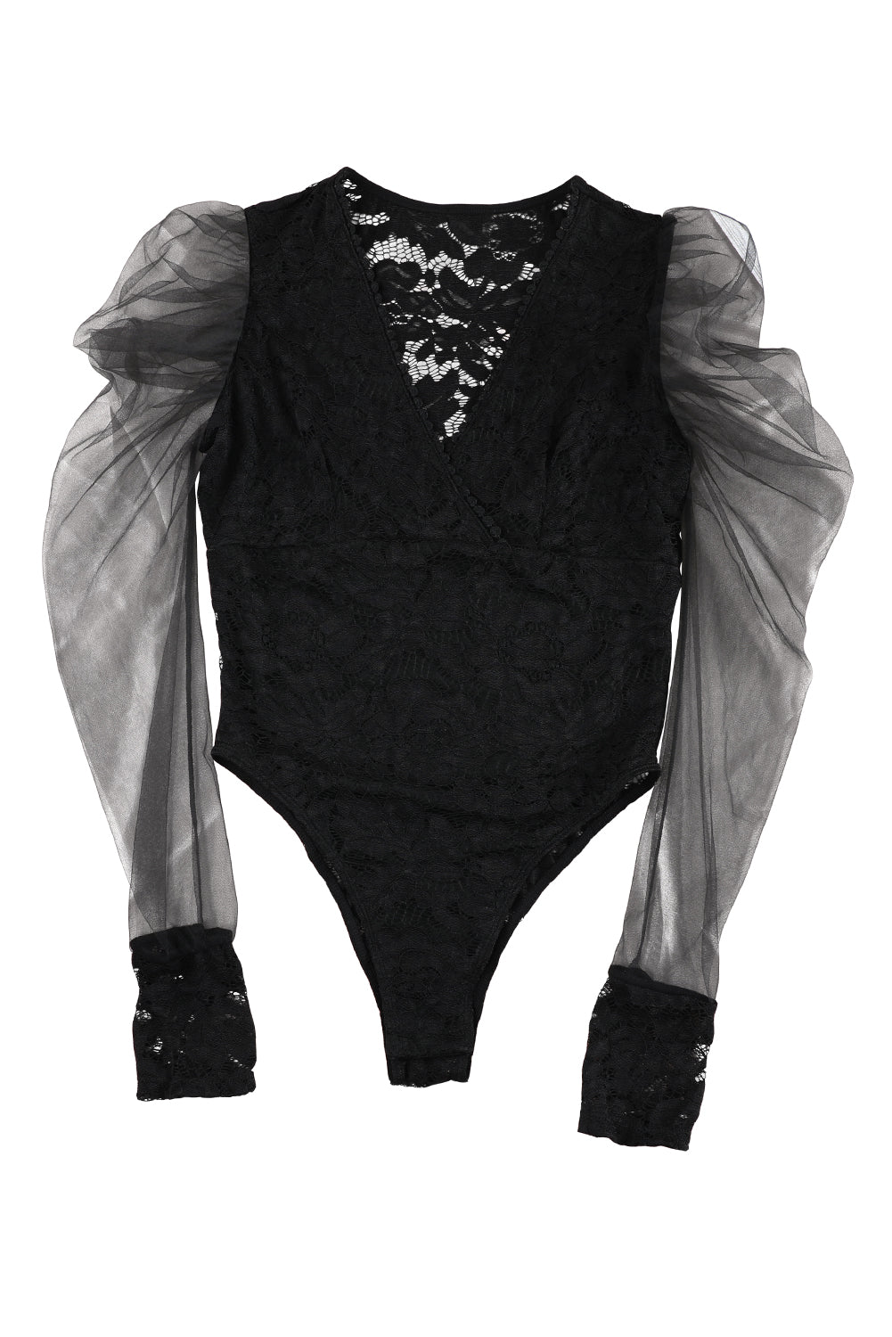 Black V Neck Lace Sheer Puff Sleeve Bodysuit