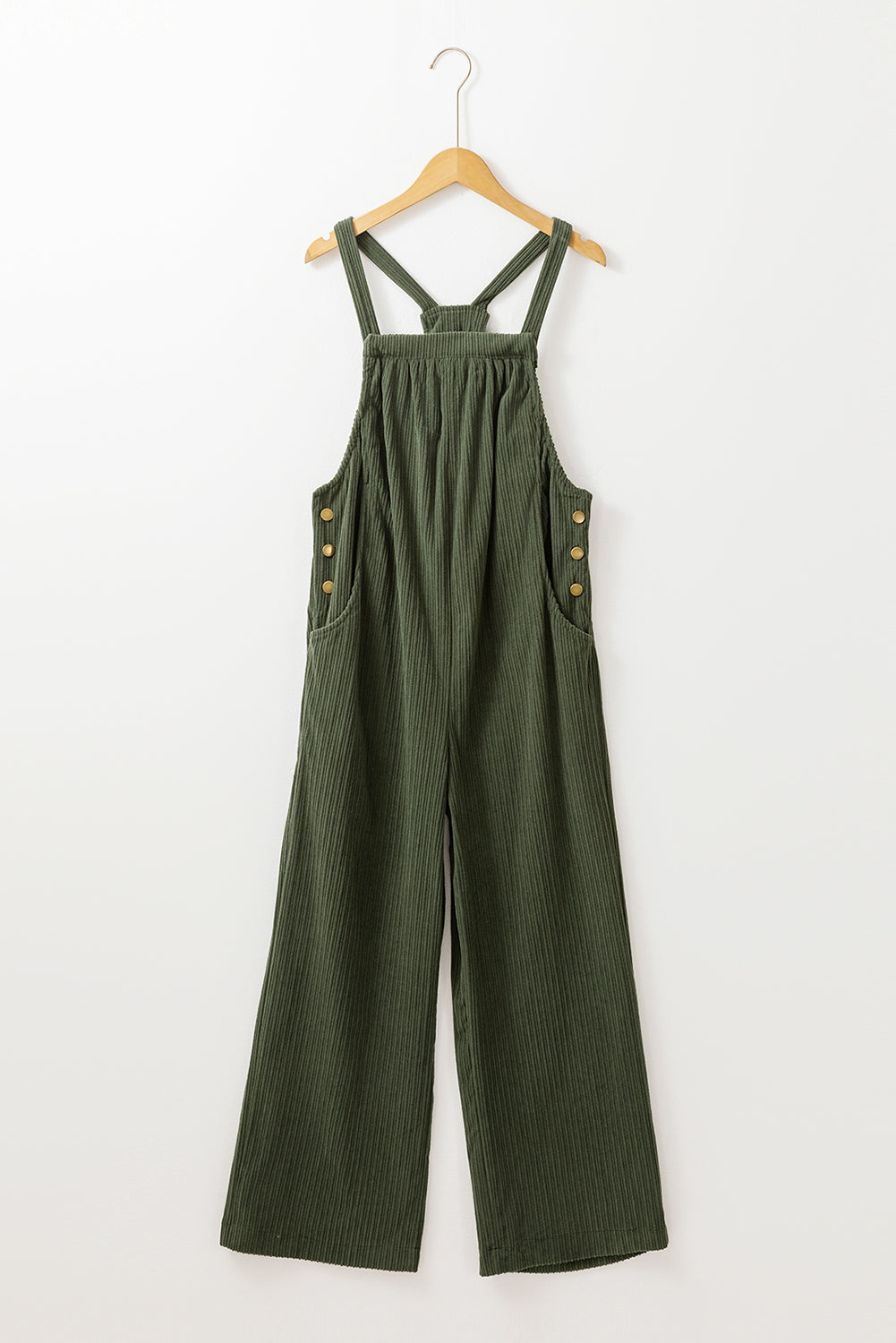 Black solid pocketed loose-fitting corduroy overall.