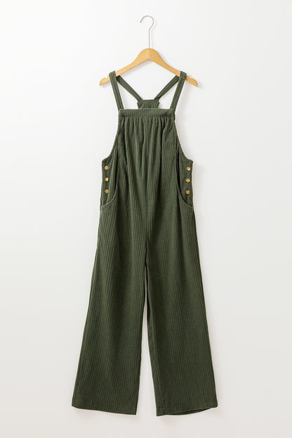 Black solid pocketed loose-fitting corduroy overall.