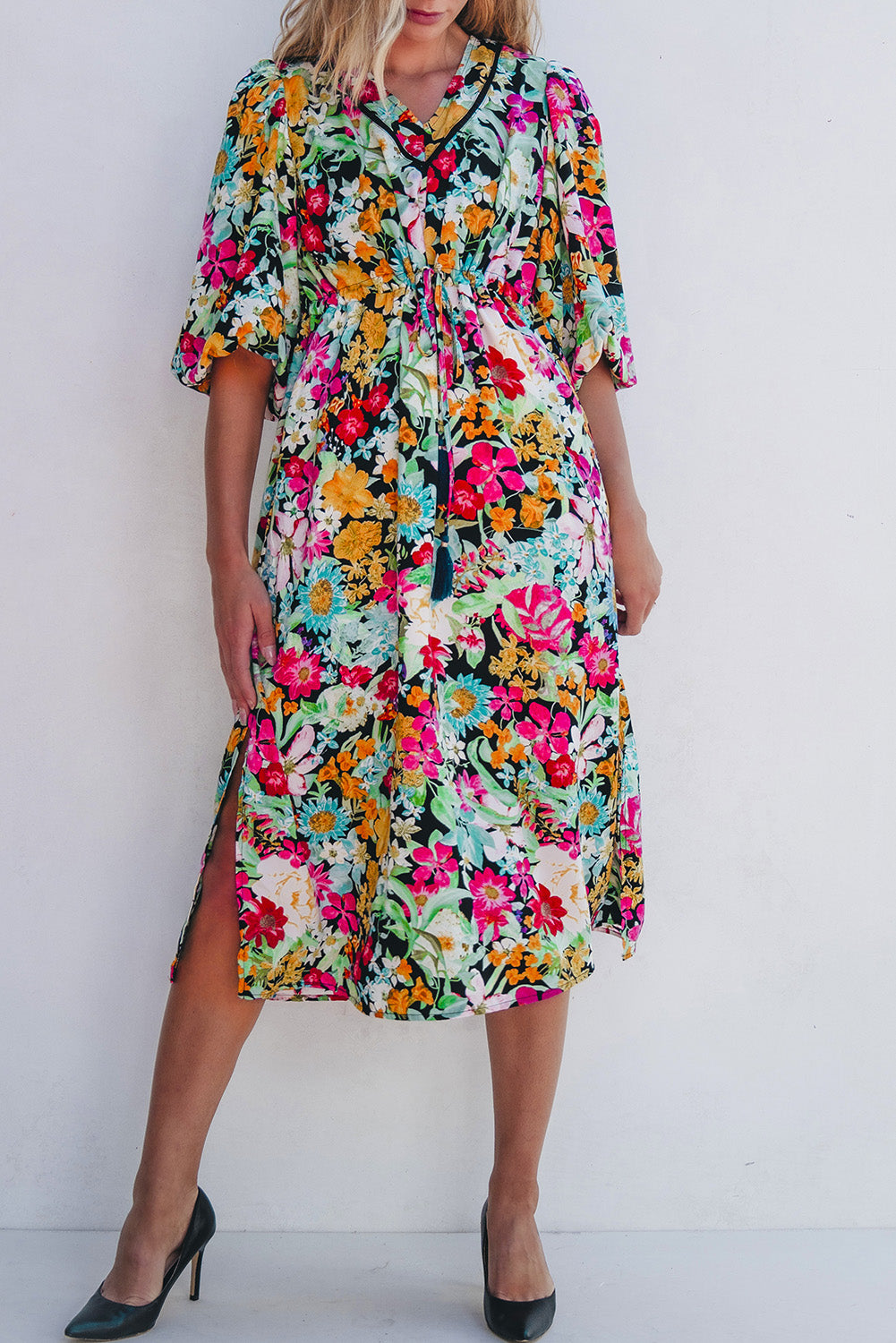 Puff Sleeve V Neck Tassel Drawstring Floral Dress