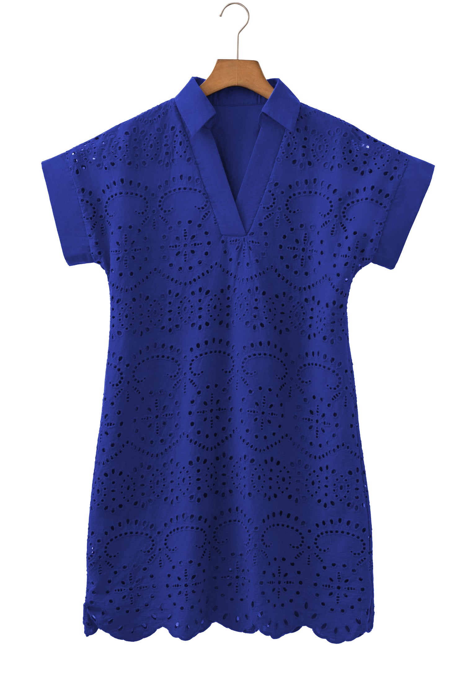 Green Solid Color Eyelet Embroidered T Shirt Mini Dress