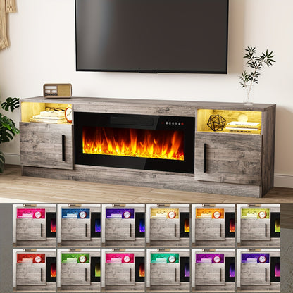 70&quot; Modern Wooden TV Stand for TVs Up to 80&quot; - Electric Fireplace Entertainment Center with 36&quot; High Gloss Media Console, 16-Color LED Lights, Storage Cabinet &amp; US Plug (120V)