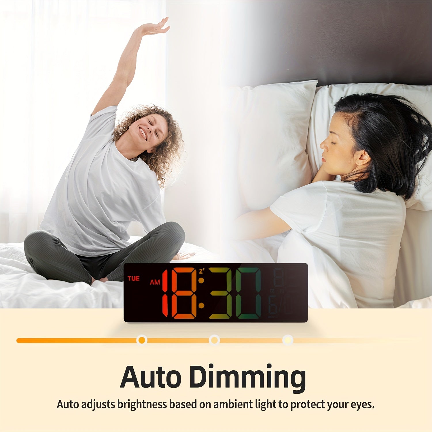 10.5&quot; Large LED Digital Wall Clock with Dual Alarms, Night Light, 8 RGB Colors, Auto DST, Temperature &amp; Brightness Adjustment – USB Powered Modern Decor