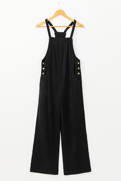 Black solid pocketed loose-fitting corduroy overall.