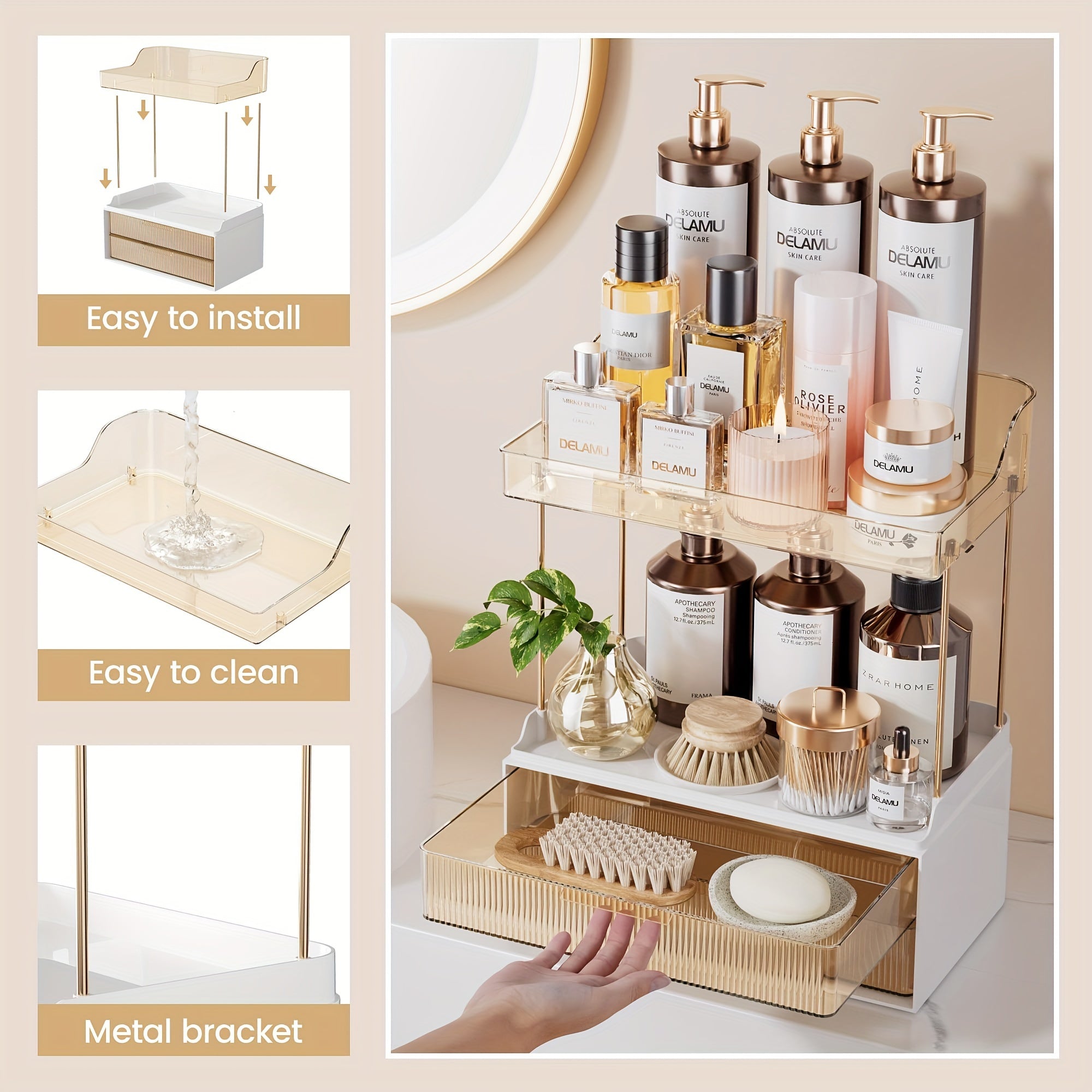 2-Tier Delamu Bathroom Organizer - Multi-Purpose Makeup &amp; Skincare Storage, Large Countertop Vanity with 2 Drawers