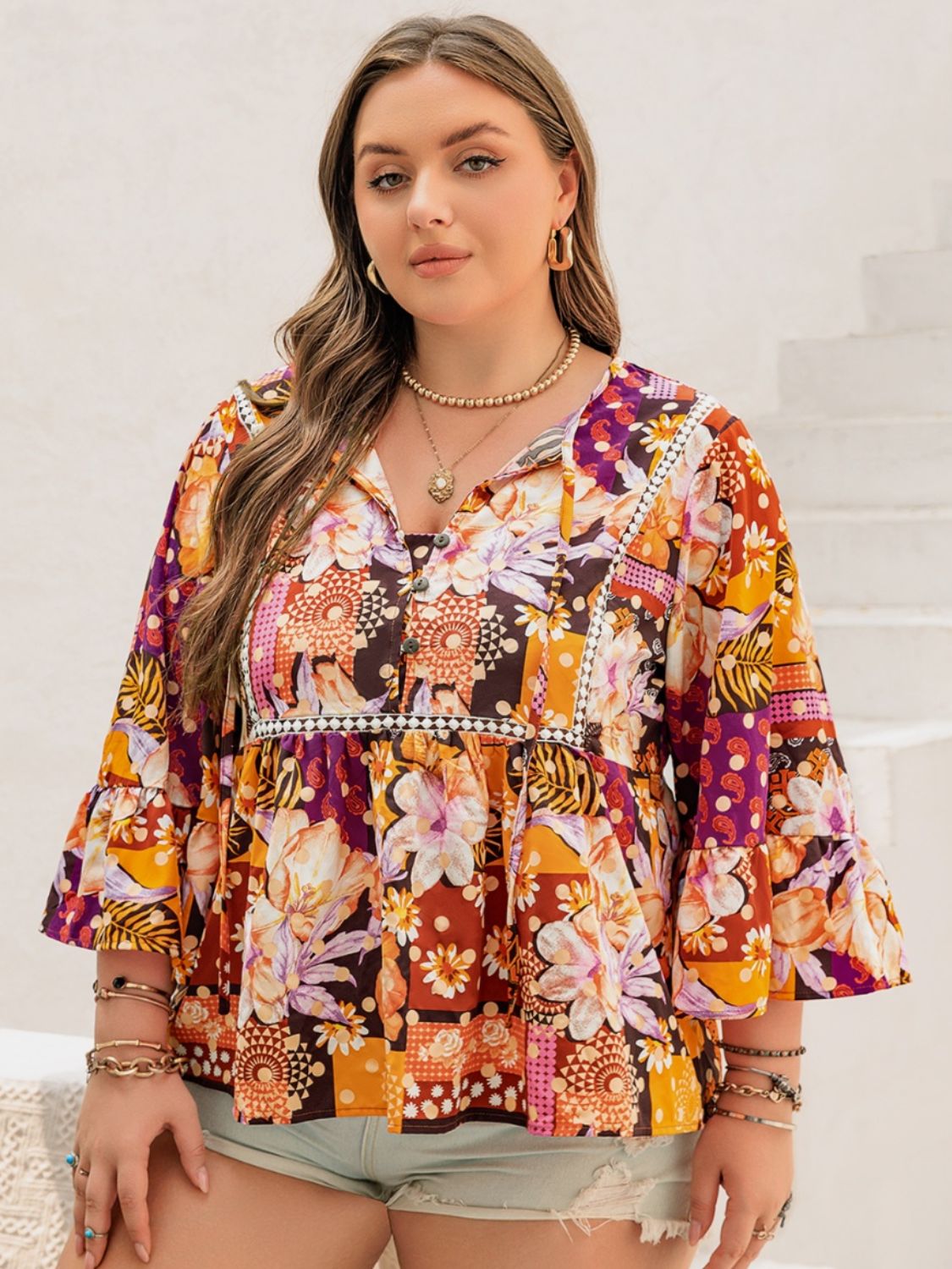 Plus Size Printed Tie Neck Blouse