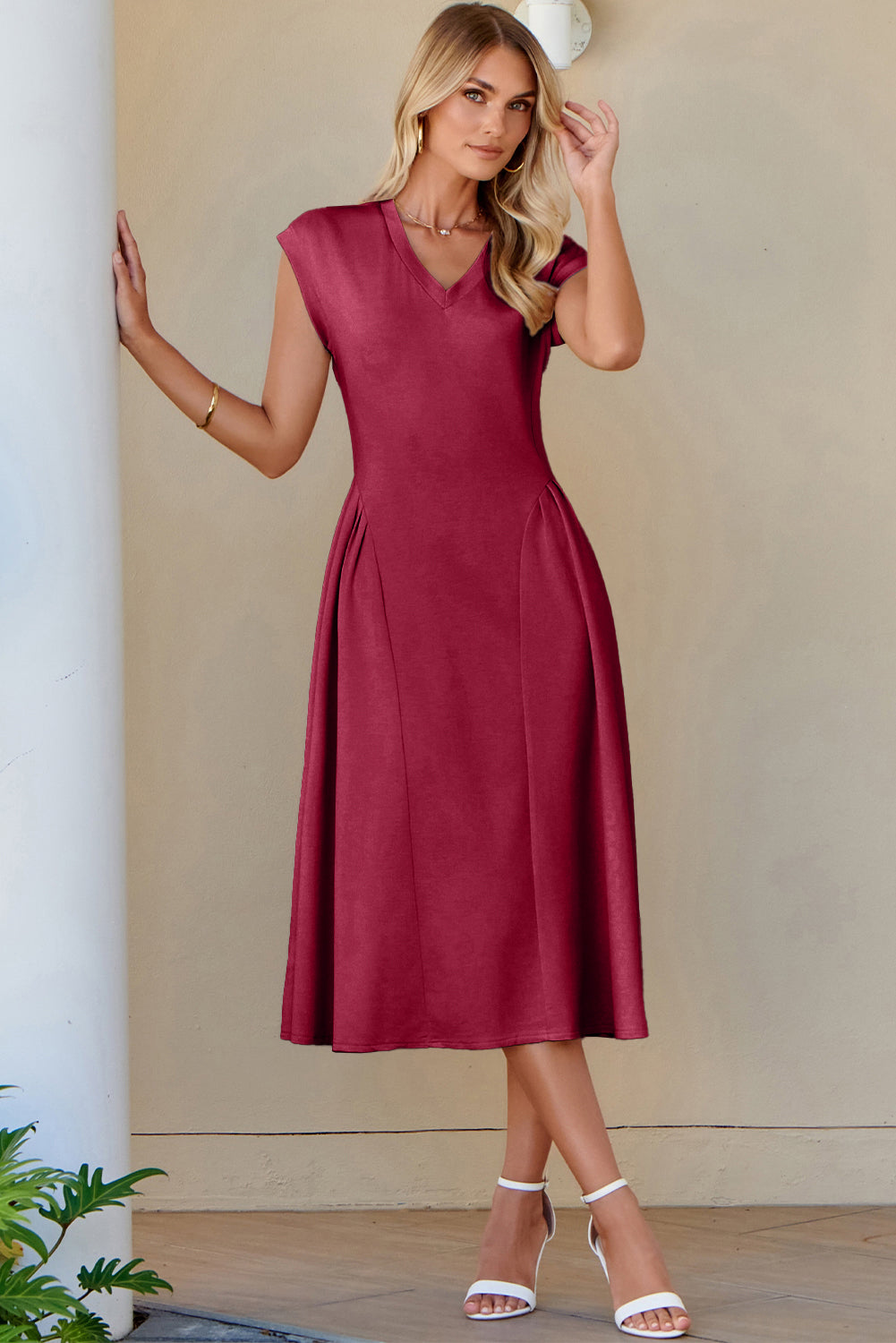 Red Dahlia Solid Color V Neck Pleated Flared Midi Dress