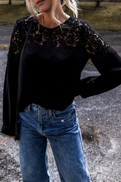 Black Lace Crochet Patchwork O Neck Long Sleeve Top