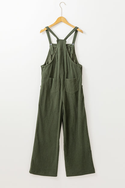 Black solid pocketed loose-fitting corduroy overall.