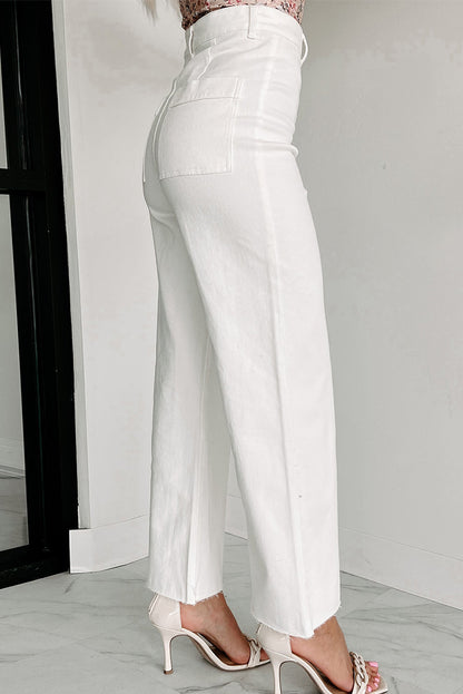 White Solid Raw Hem Wide Leg Crop Jeans