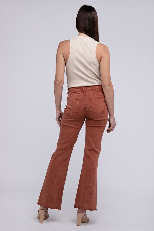 Acid -washed frayed cutoff hem straight wide pants.