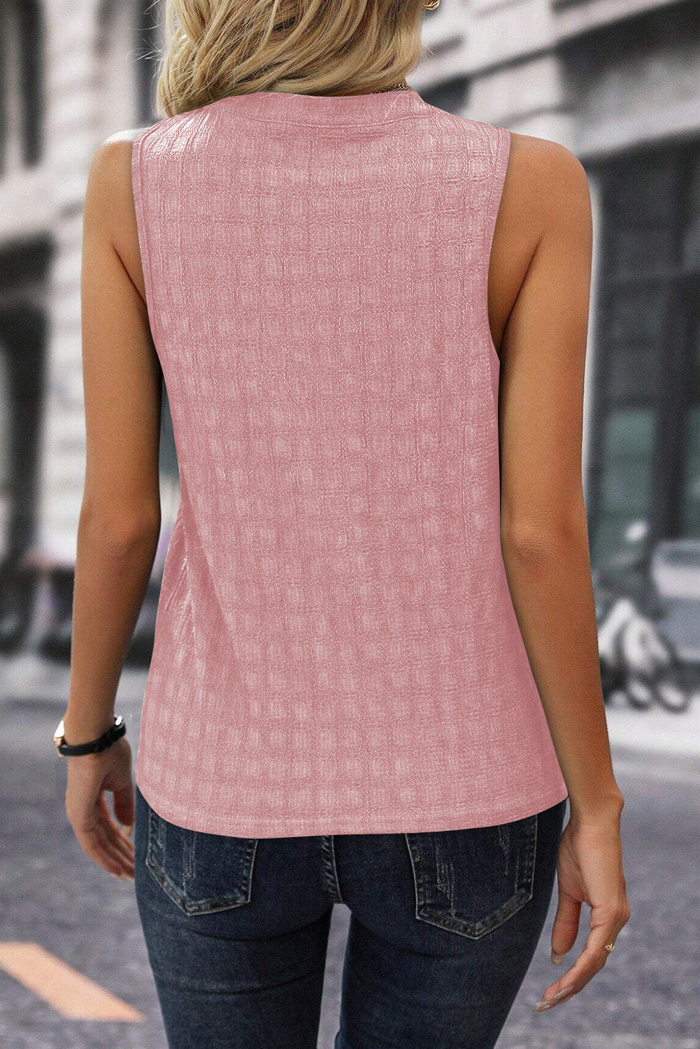 Elegant Sea Green Split Neck Lattice Tank Top